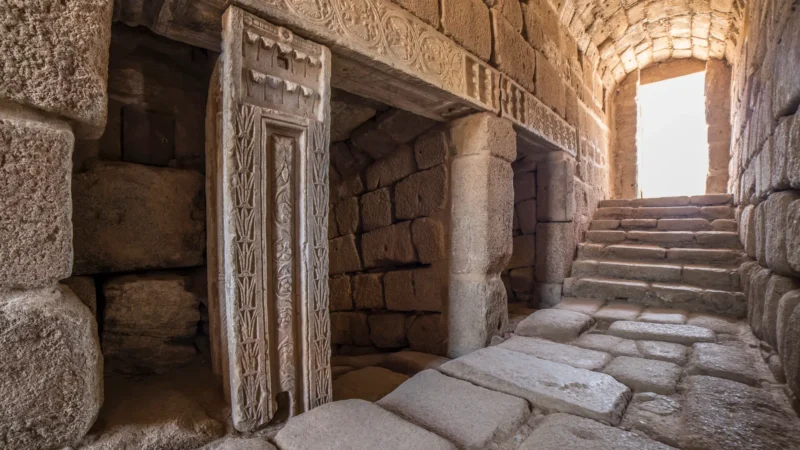 Stone steps rising from the vaulted aljibe cistern inside the 9th-century Alcazaba fortress in Mérida, Spain