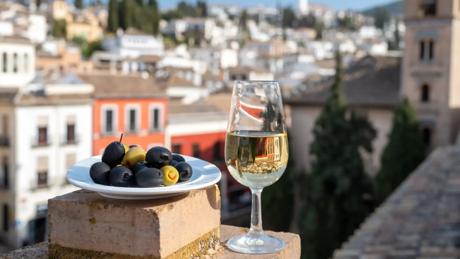 A glass of Jerez sherry with a plate of olives overlooking an old Andalusian town