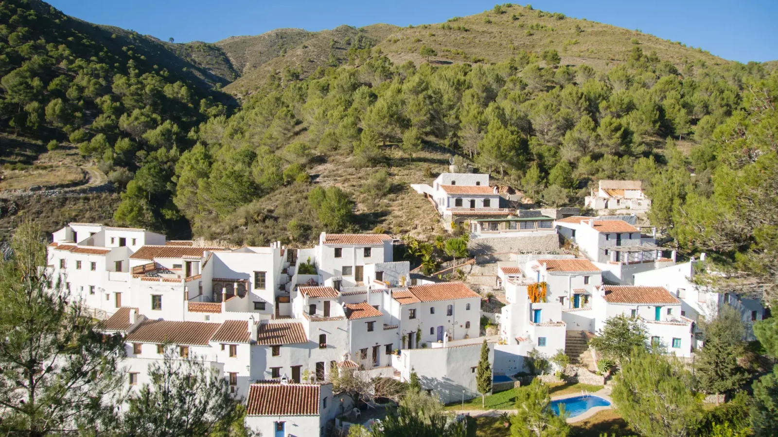 A cluster of whitewashed houses with a pool on a wooded hillside, Andalucía, Spain