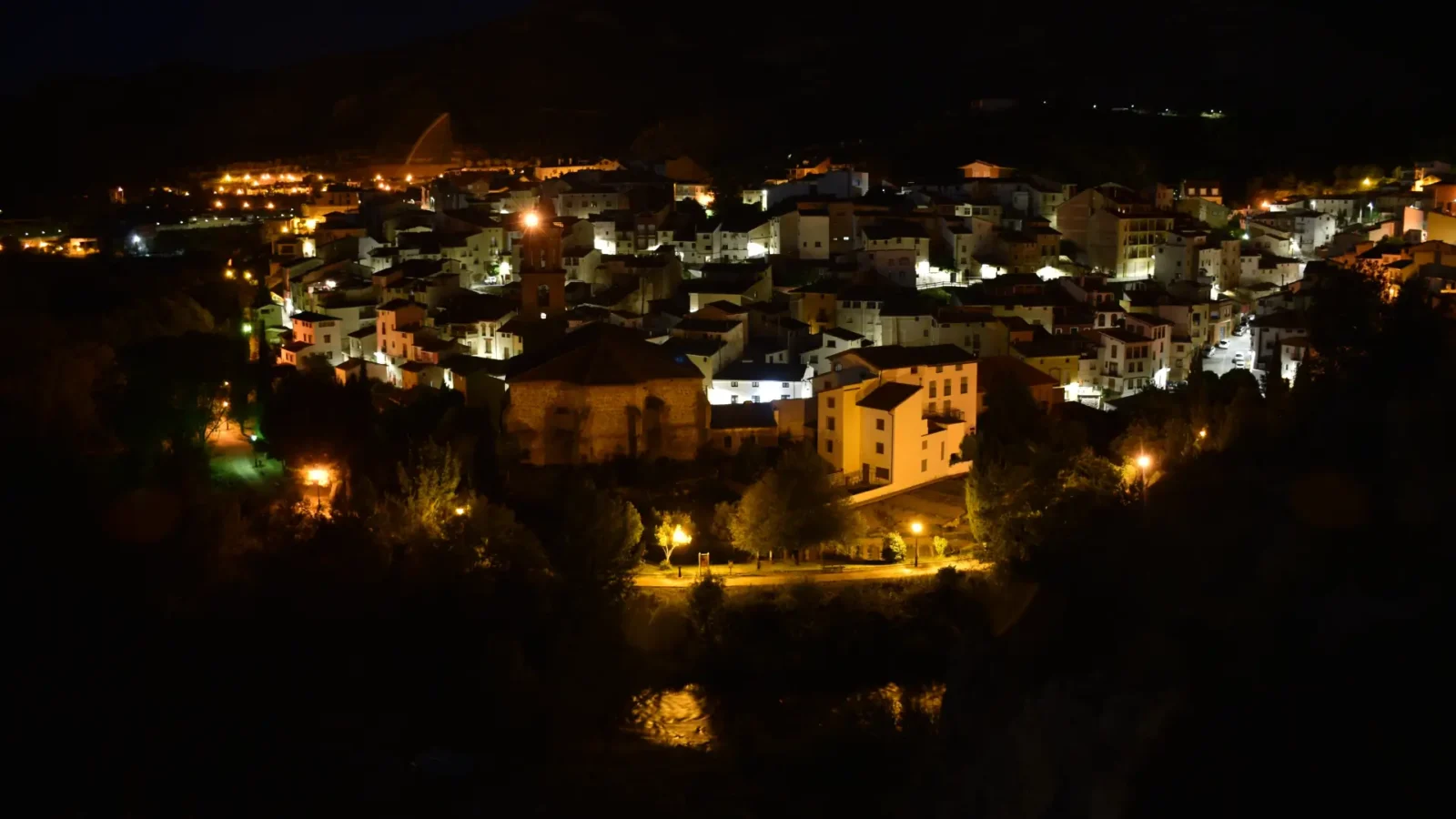 Arnedillo lit up at night in the Cidacos valley, La Rioja, Spain