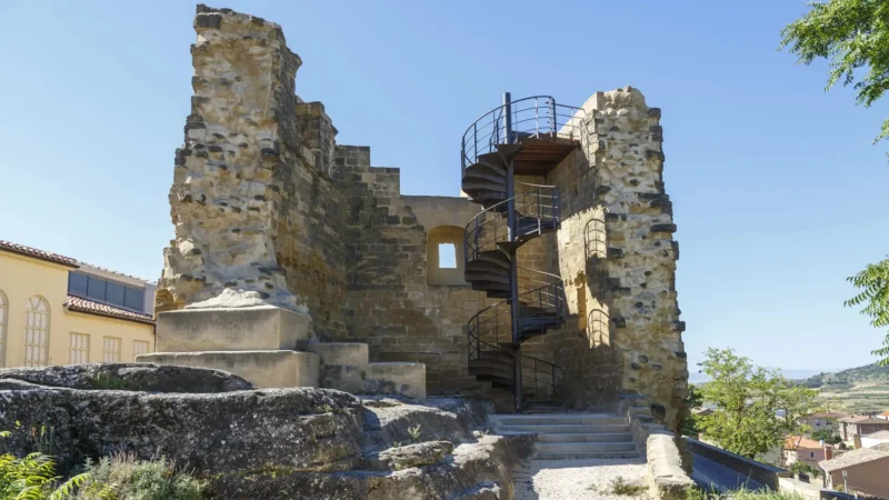 The ruined castle keep with its spiral staircase at the top of Briones, La Rioja, Spain