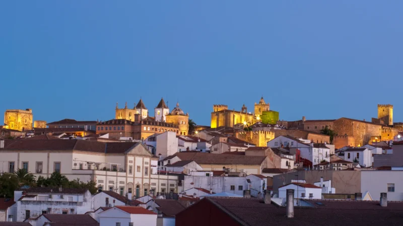 Medieval old town of Cáceres at dusk, Extremadura, Spain