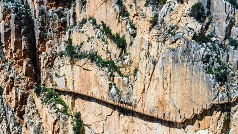 The cliff-side boardwalk of the Caminito del Rey above the El Chorro gorge, Málaga, Spain