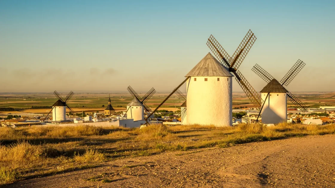Windmills on the Sierra de los Molinos at golden hour, Castilla-La Mancha, Spain