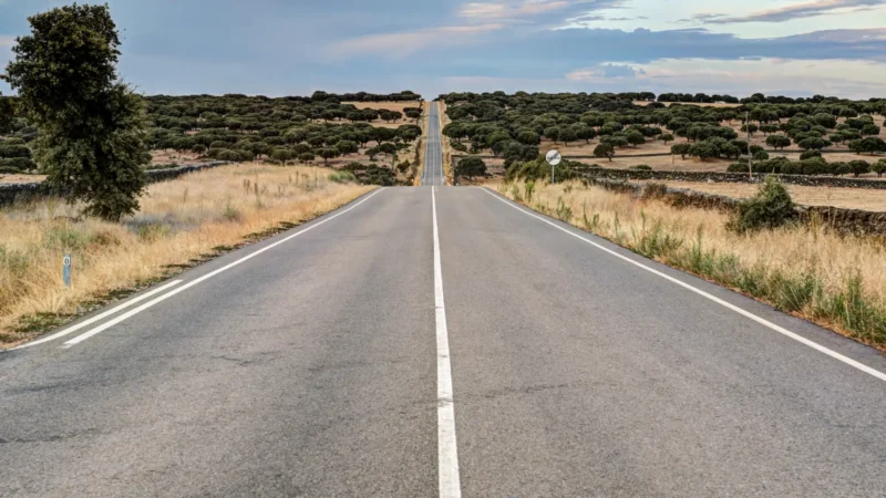 Open road crossing the plateau of Castilla y León, Spain