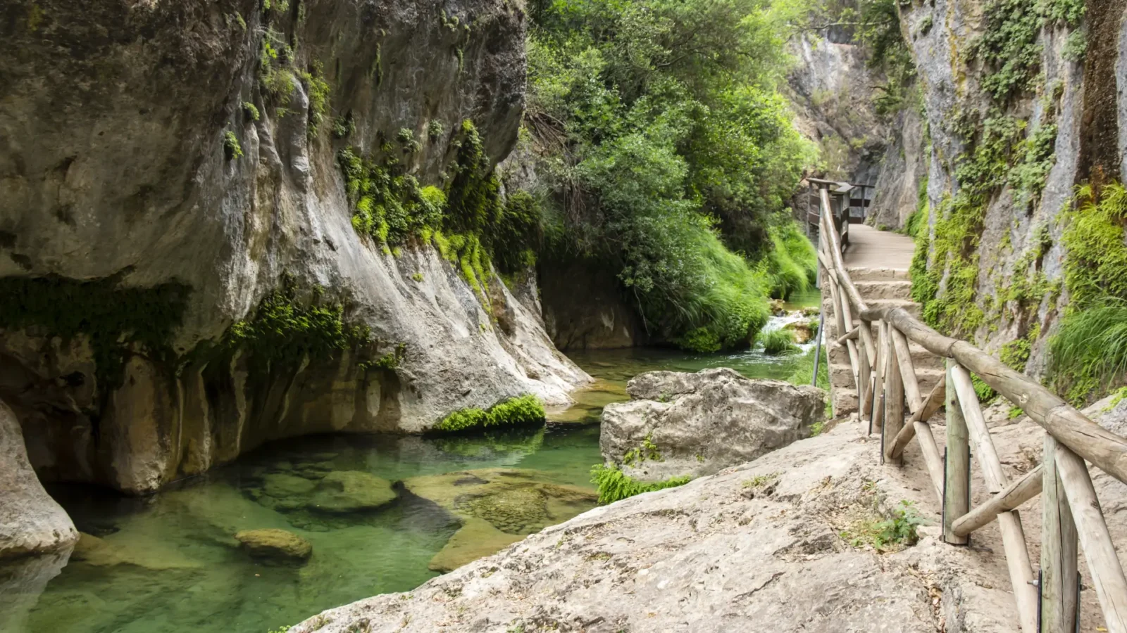 Wooden boardwalk along the Río Borosa through the Cerrada de Elías gorge, Sierra de Cazorla natural park, Jaén, Andalucía, Spain