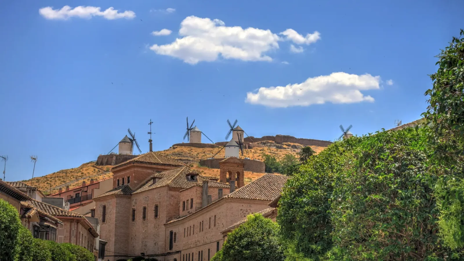 The windmills above the town of Consuegra, Castilla-La Mancha, Spain