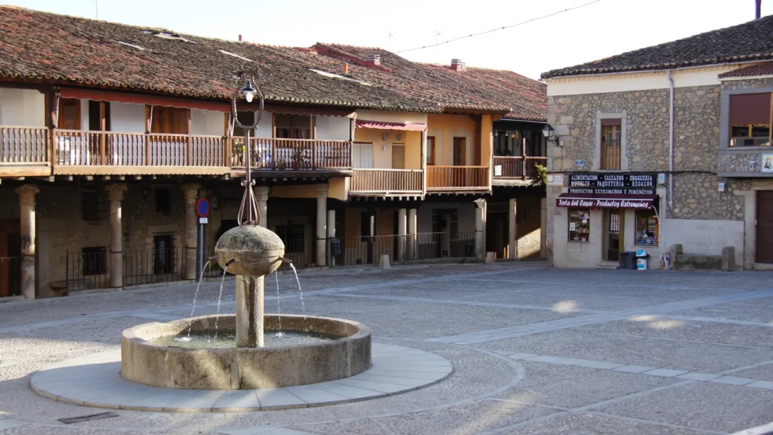 The arcaded main square of Cuacos de Yuste, Extremadura, Spain