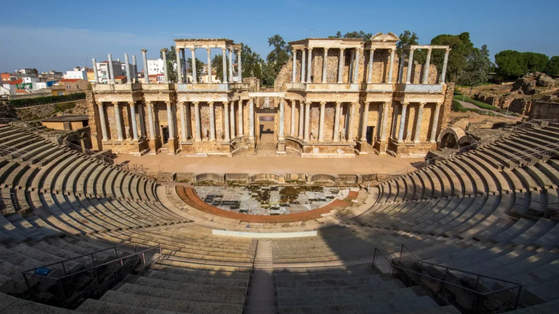 The columned stage front and stone seating of the Roman theatre in Mérida, Extremadura, Spain