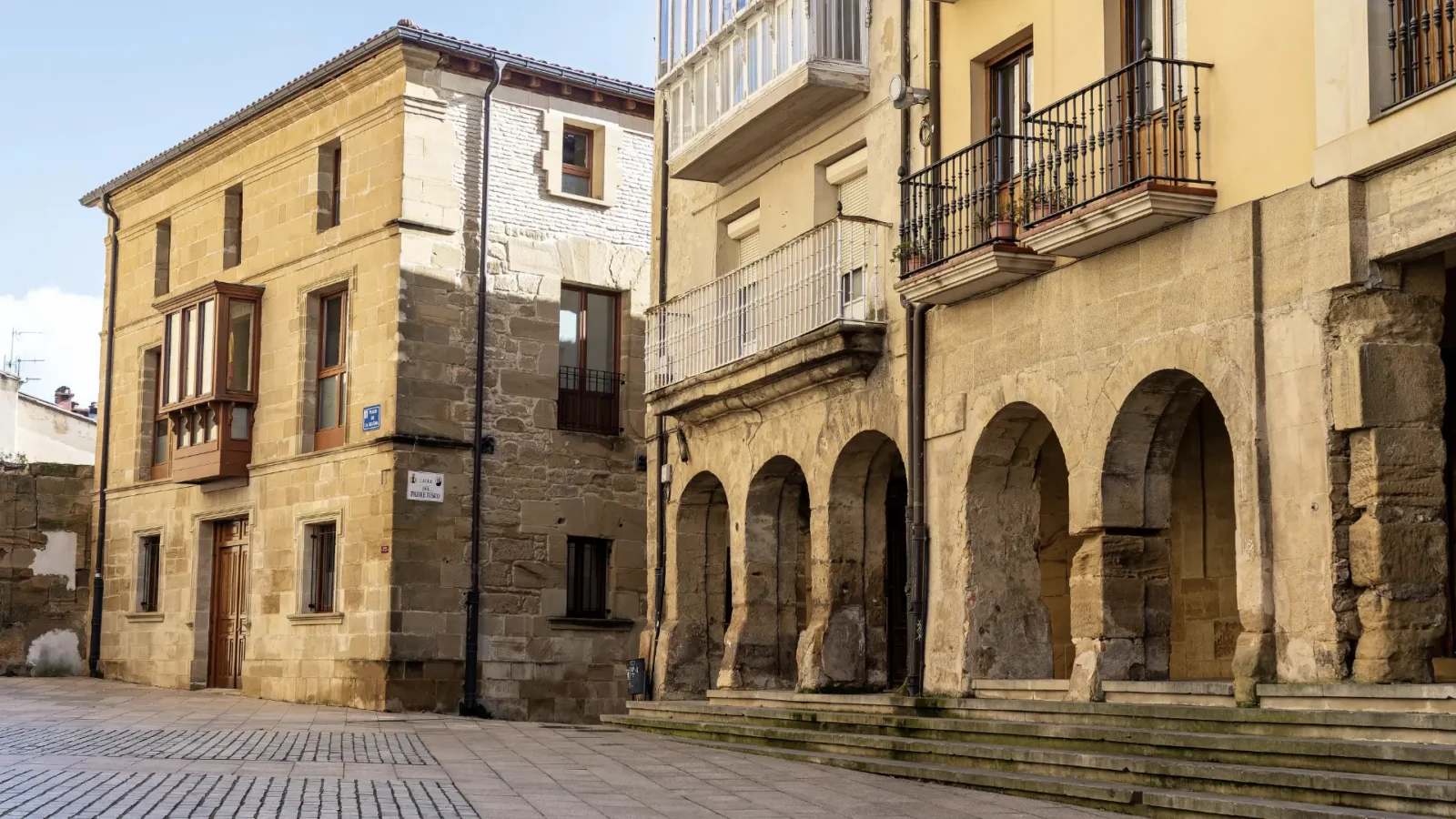 Old stone arcades and balconies in the historic centre of Haro, La Rioja, Spain