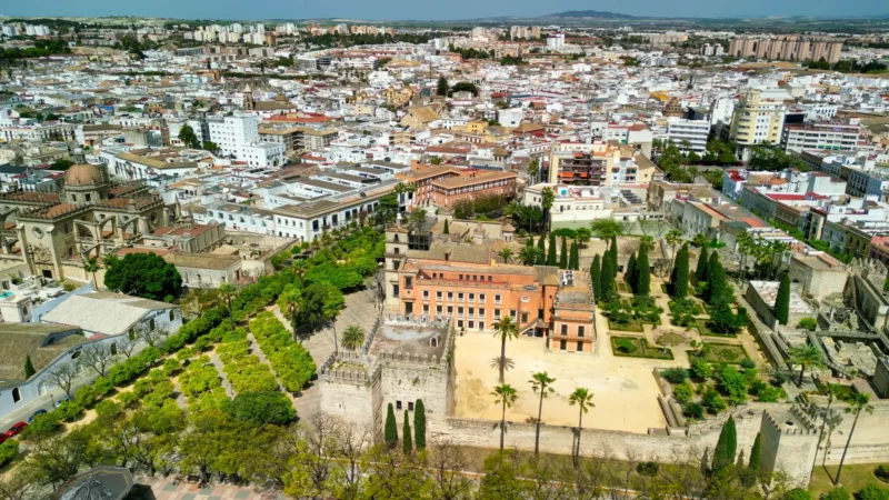 Aerial view of the Alcázar, cathedral and old town of Jerez de la Frontera, Andalusia, Spain