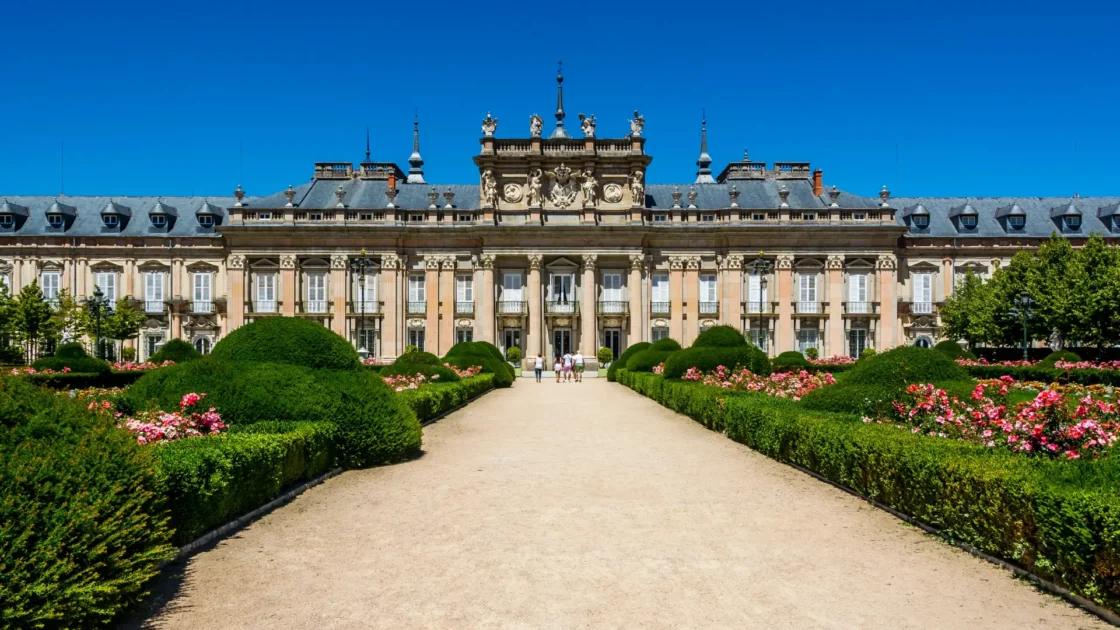The Royal Palace of La Granja de San Ildefonso seen along the garden axis, Castilla y León, Spain