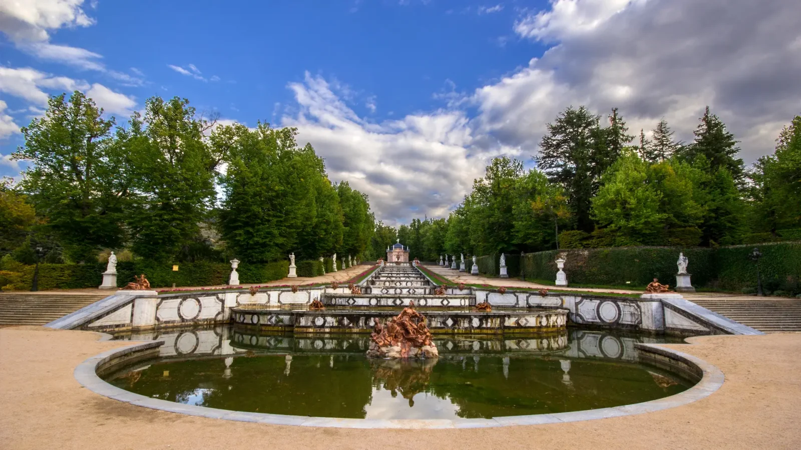 Formal gardens and the palace façade at La Granja de San Ildefonso, Castilla y León, Spain