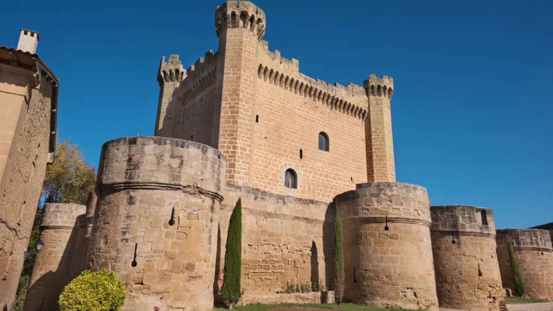 Square keep and round towers of the castle of Sajazarra, La Rioja, Spain