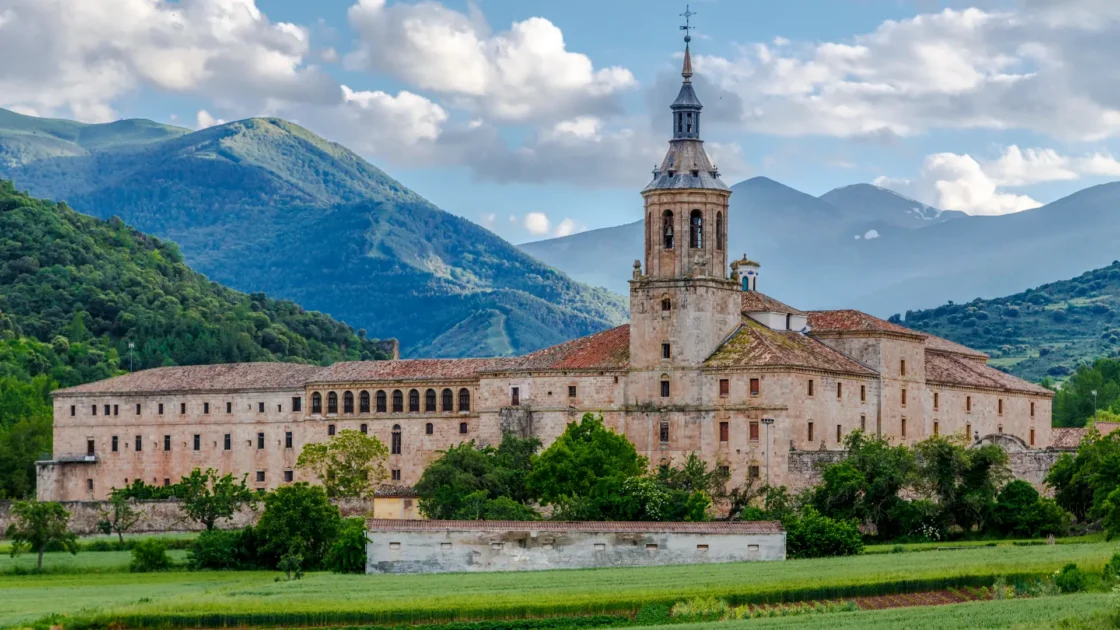 Monastery of Yuso below the mountains of the Sierra de la Demanda, San Millán de la Cogolla, La Rioja, Spain