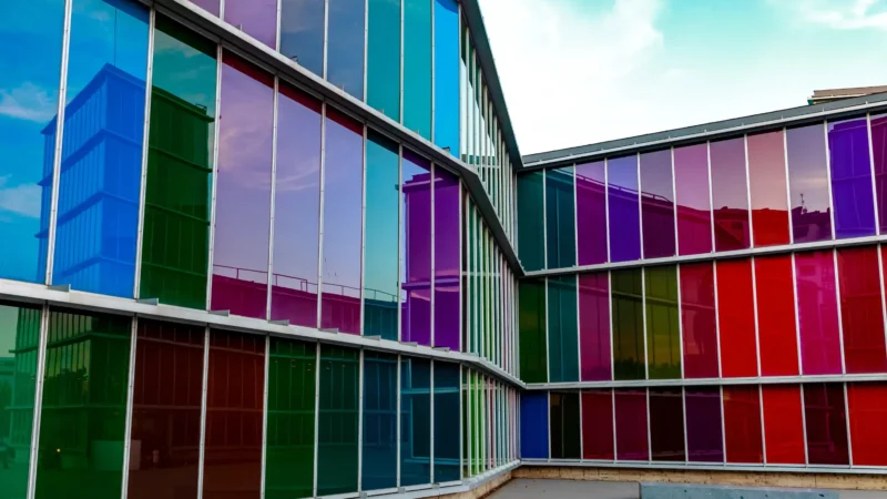 The coloured-glass façade of MUSAC contemporary-art museum in León, Castilla y León, Spain