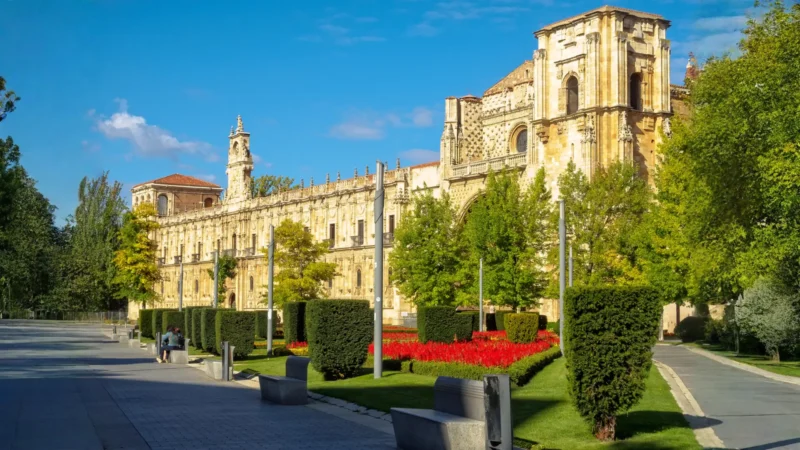 The Plateresque church of San Marcos across its plaza in León, Castilla y León, Spain