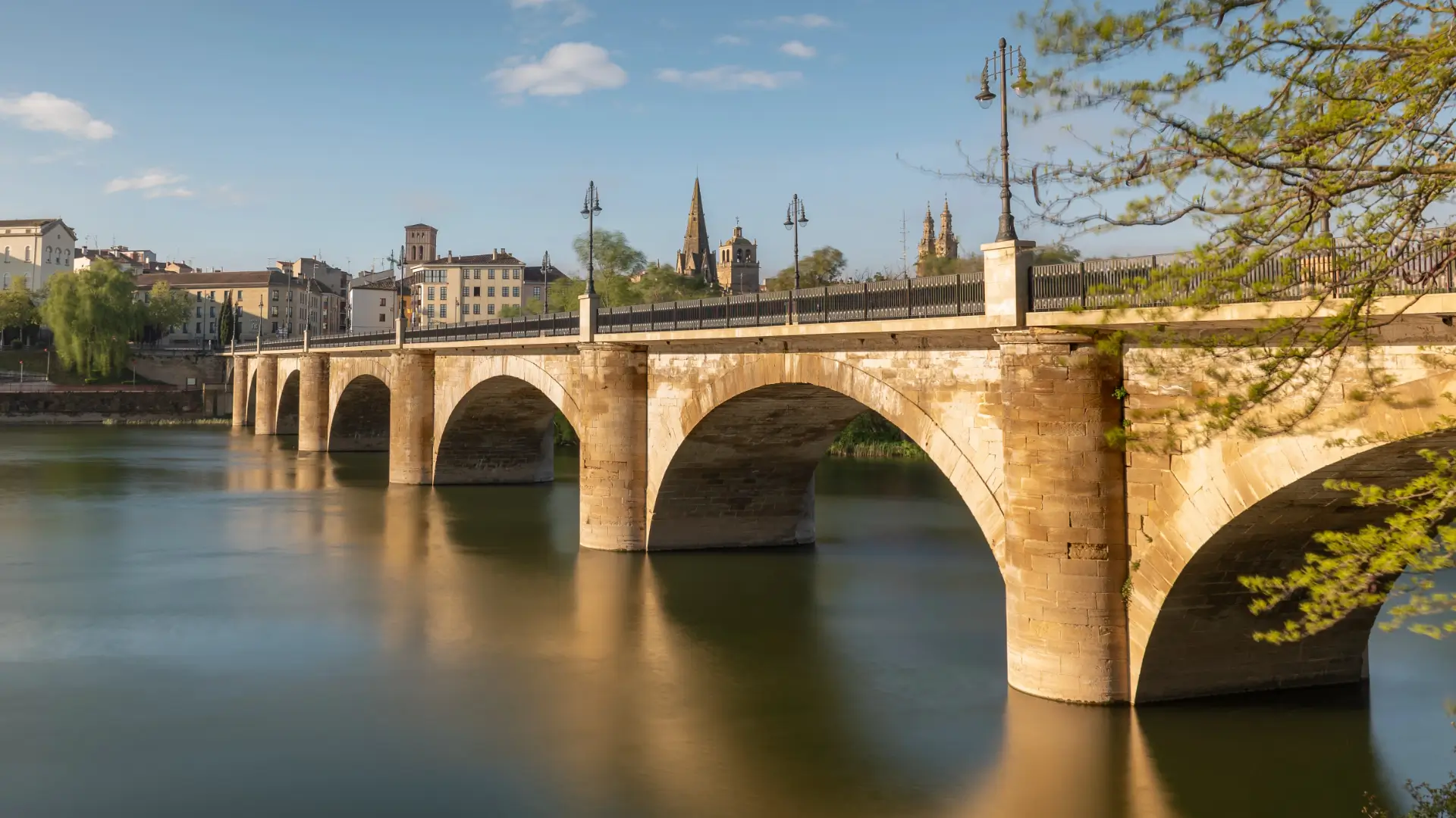 Puente de Piedra stone bridge over the Ebro River in Logroño, La Rioja, Spain