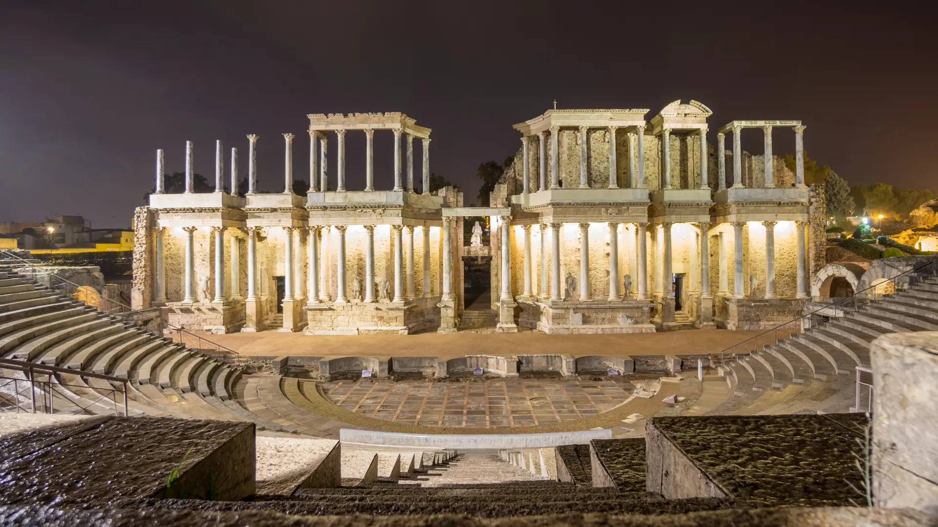 The Roman theatre of Mérida lit up at night, Extremadura, Spain