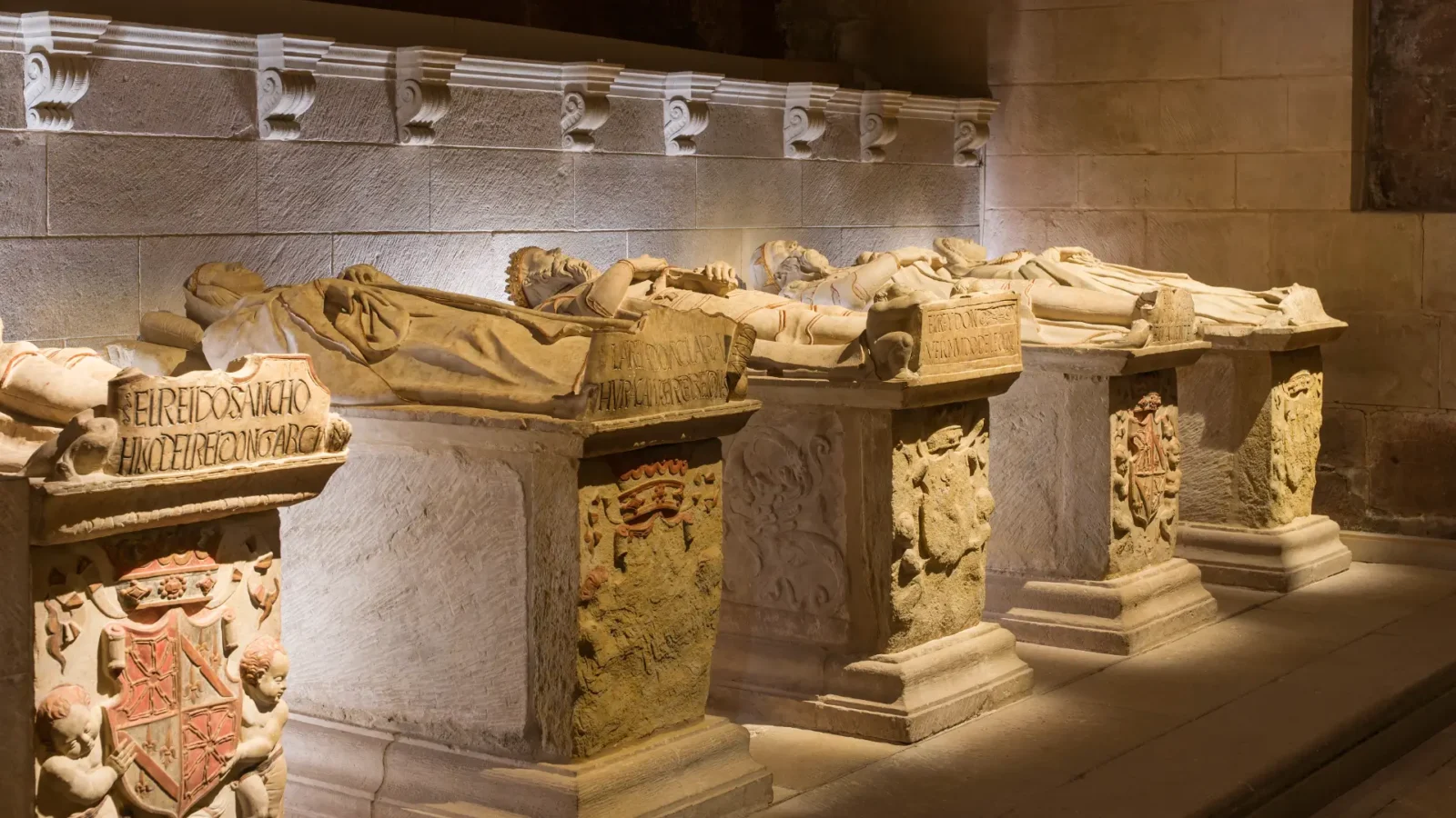 Carved royal tombs in the Royal Pantheon of the monastery of Santa María la Real, Nájera, La Rioja, Spain