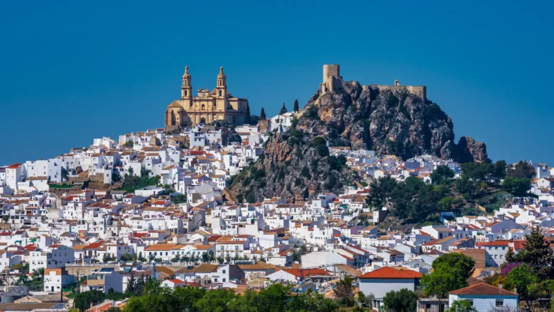 The church and castle above the white town of Olvera in Olvera, Andalucía, Spain