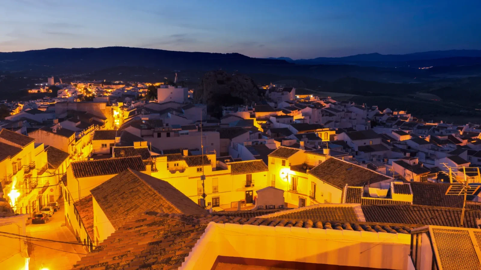 The town of Olvera at night in Olvera, Andalucía, Spain