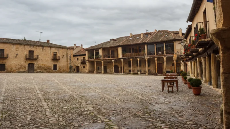 The colonnaded Plaza Mayor of Pedraza, Castilla y León, Spain