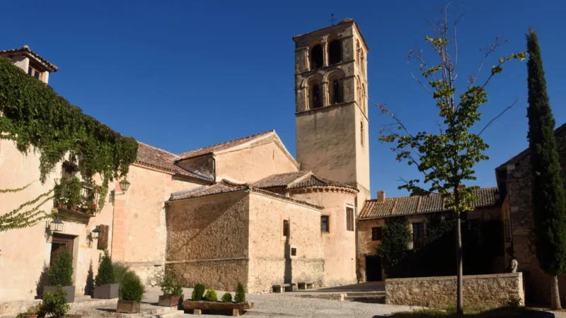 The Romanesque tower of San Juan Bautista church in Pedraza, Castilla y León, Spain