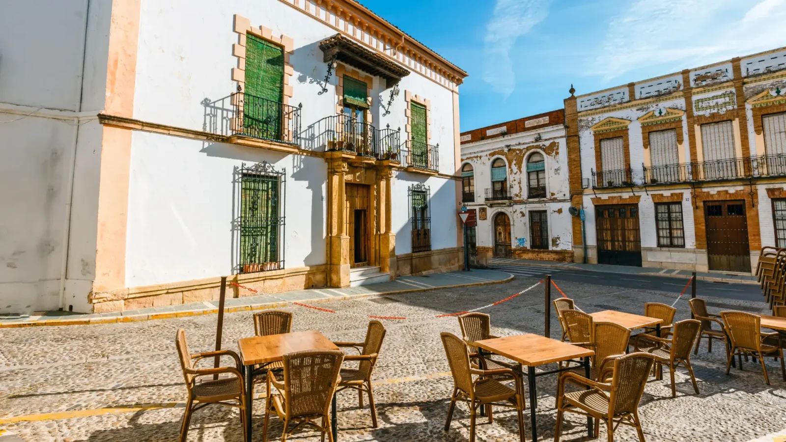 A quiet café terrace on a cobbled square in Ronda, Andalucía, Spain