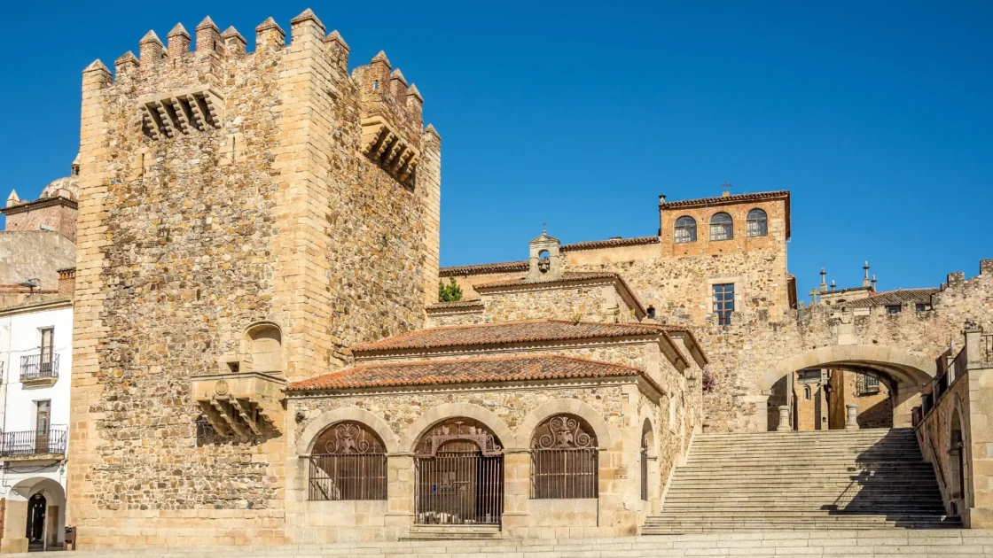 The Bujaco Tower above the Plaza Mayor in the old town of Cáceres, Extremadura, Spain