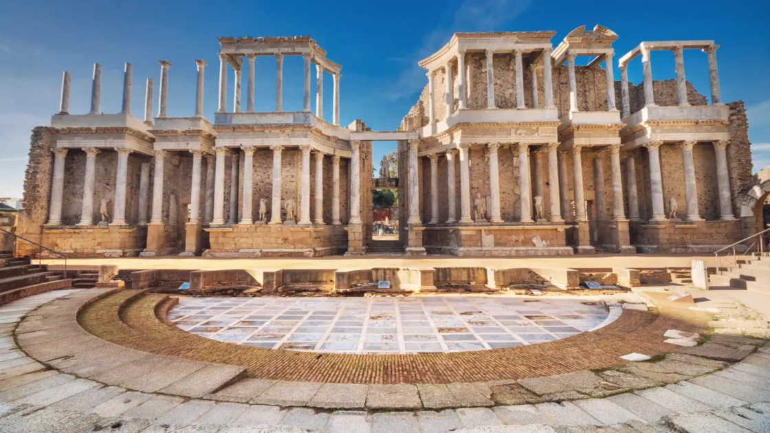 The columned stage of the Roman theatre in Mérida, Extremadura, Spain