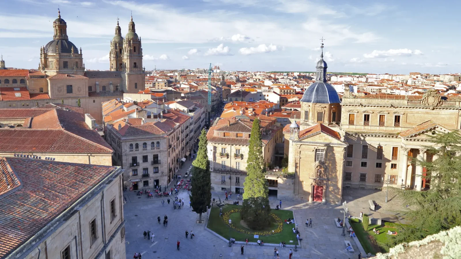 Rooftop view over Salamanca's old town with the La Clerecía towers, Castilla y León, Spain