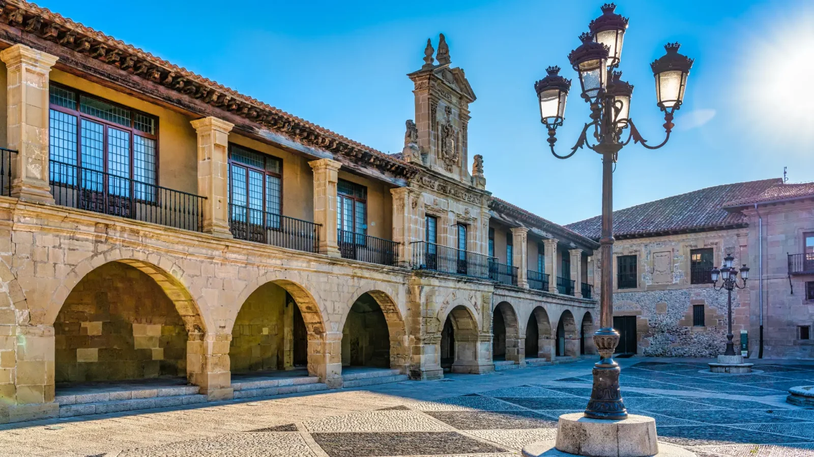 Arcaded town hall on the Plaza de España in the old town of Santo Domingo de la Calzada, La Rioja, Spain