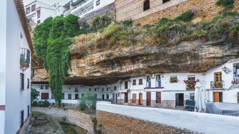 Rock overhang above the terraces of Calle Cuevas del Sol in Setenil de las Bodegas, Andalucía, Spain