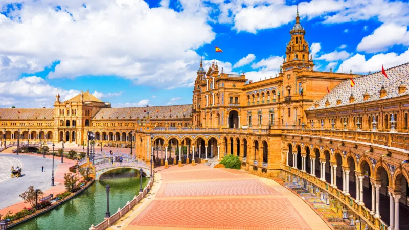 The canal and bridges of Plaza de España by day in Seville, Andalucía, Spain