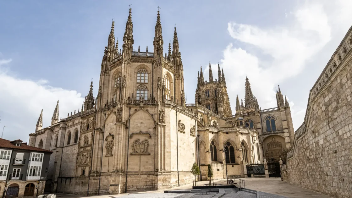 The Gothic cathedral of Burgos rising over a quiet square, Castilla y León, Spain