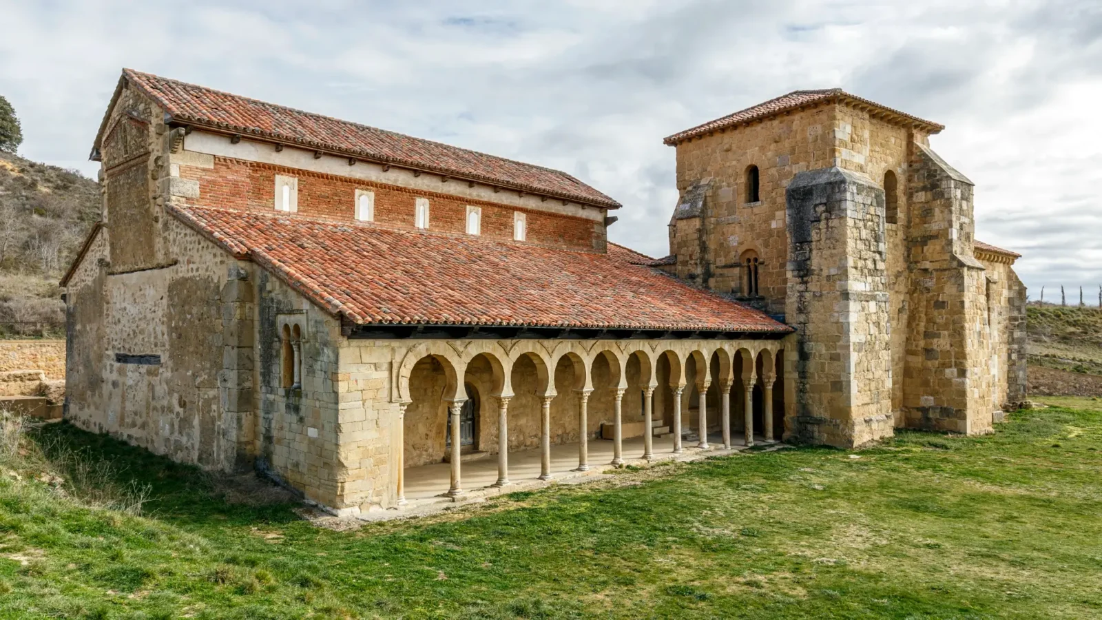 The horseshoe-arch portico of San Miguel de Escalada near León, Castilla y León, Spain