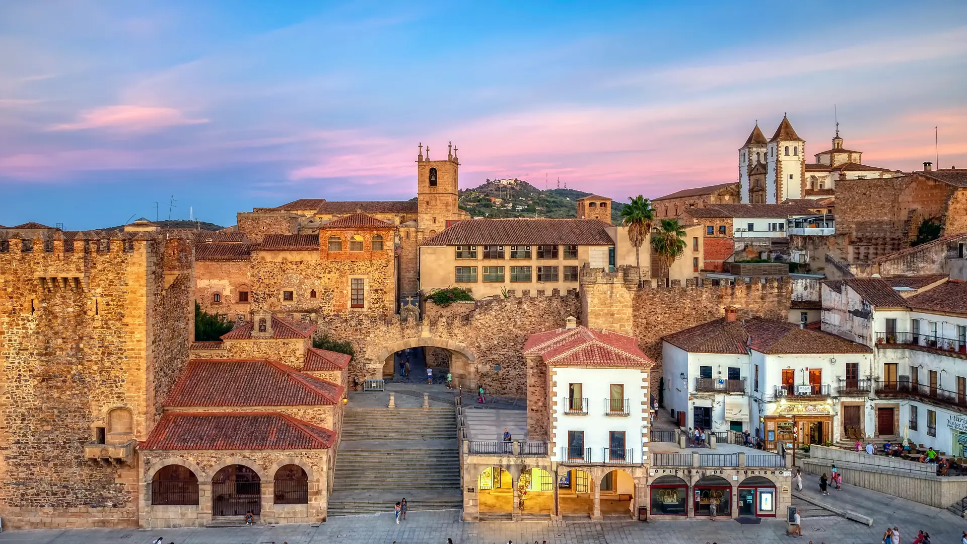 Cáceres Plaza Mayor and old town at sunset, Extremadura, Spain