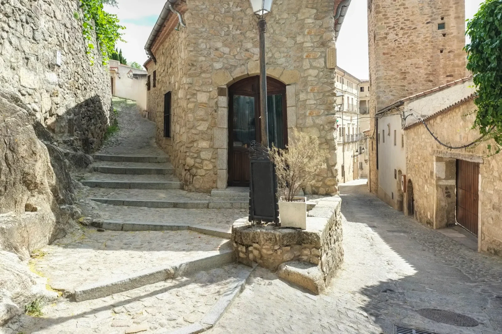 Cobbled street and stone houses in the old town of Trujillo, Extremadura.