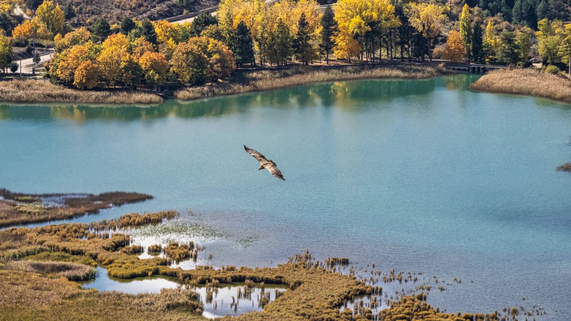 The Laguna de Uña below limestone cliffs in Uña, Castilla-La Mancha, Spain